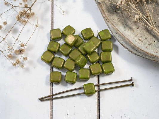 *50* 6mm Opaque Olive Moon Dust 2 Hole Tile Beads