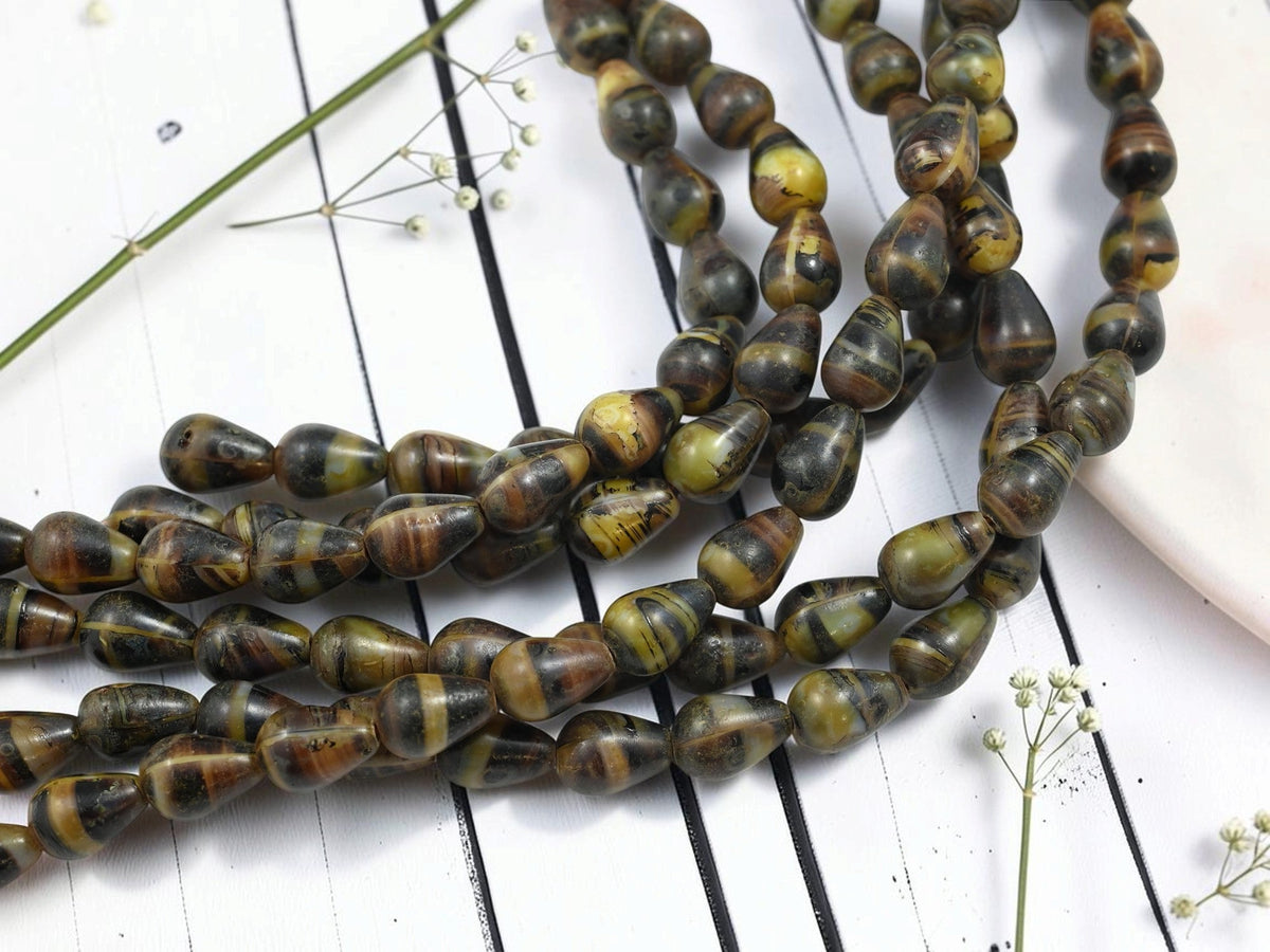 *18* 12x8mm Brown + Yellow Travertine Teardrop Beads