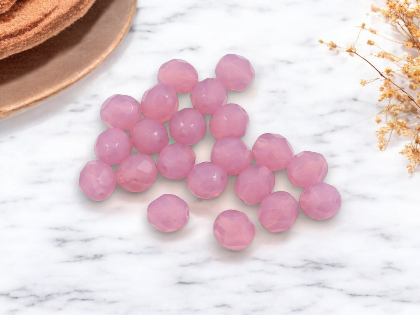 *25* 8mm Milky Pink Fire Polished Round Beads