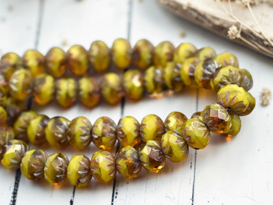 *10* 6x9mm Blended Yellow Opaline & Pumpkin Picasso Fire Polish Cruller Rondelle Beads