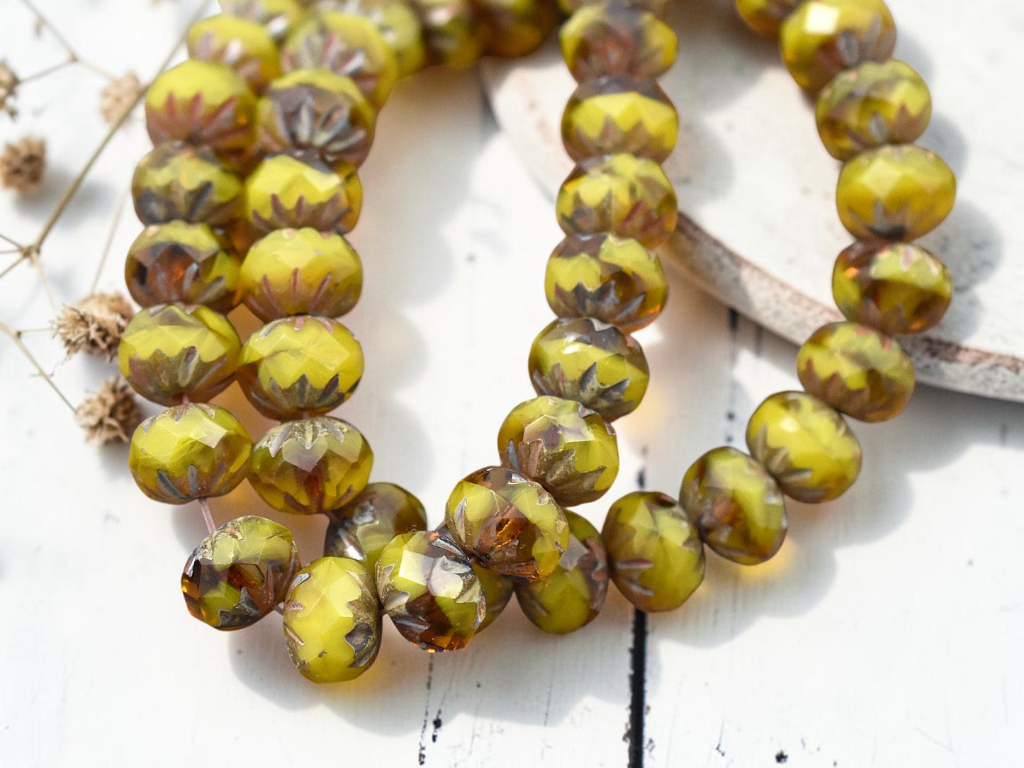 *10* 6x9mm Blended Yellow Opaline & Pumpkin Picasso Fire Polish Cruller Rondelle Beads
