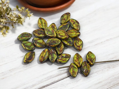 *25* 12x8mm Blended Glass Picasso Top Drilled Leaf Beads