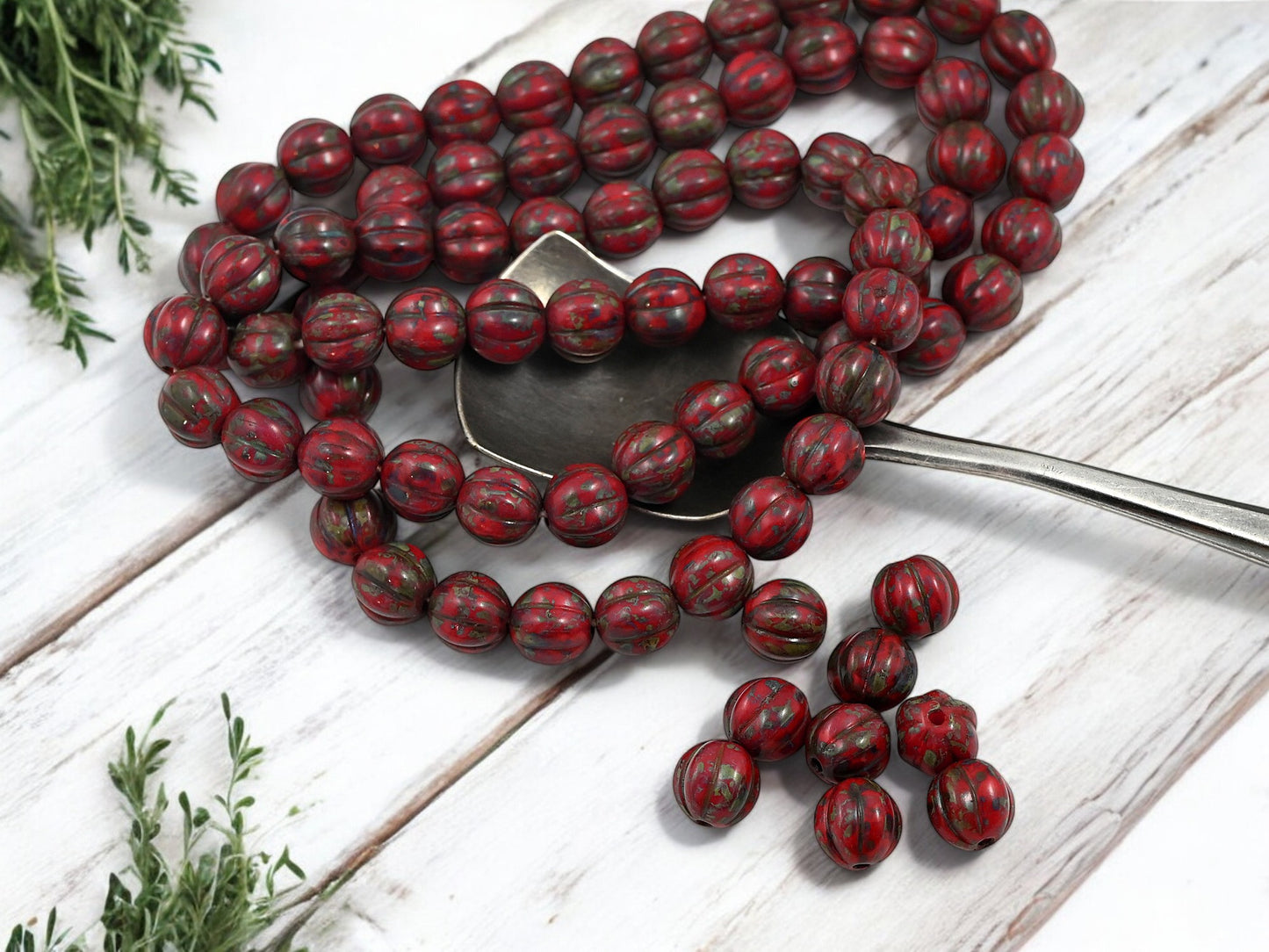 *25* 8mm Opaque Red Travertine Round Melon Beads