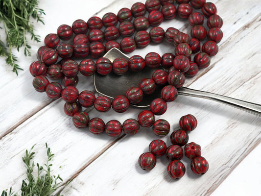 *25* 8mm Opaque Red Travertine Round Melon Beads