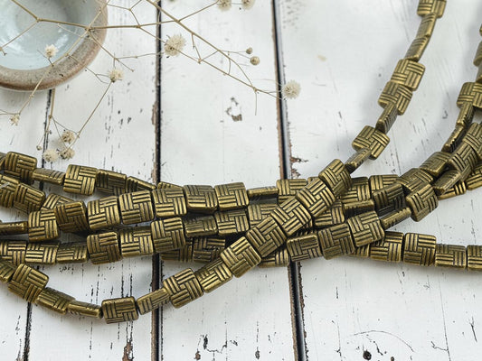 *26* 8mm Antique Brass Crosshatch Flat Square Beads