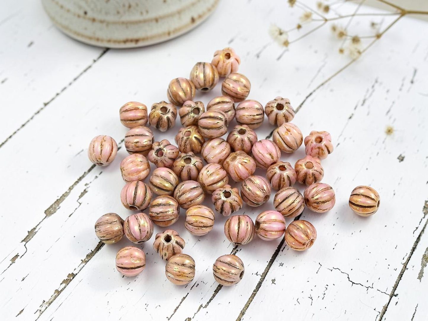 *100* 5mm Gold Lustered Pink Picasso Round Melon Beads