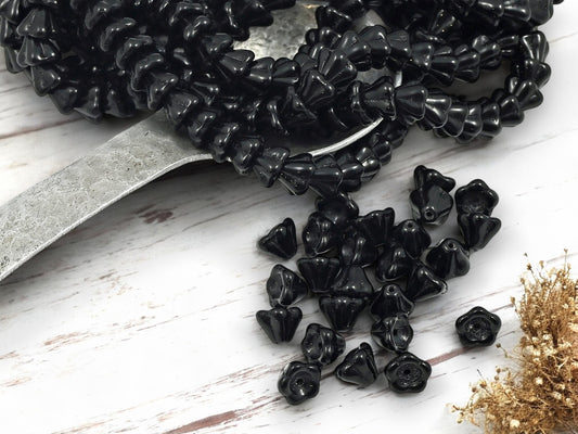 *25* 6x8mm Opaque Black Bell Flower Beads
