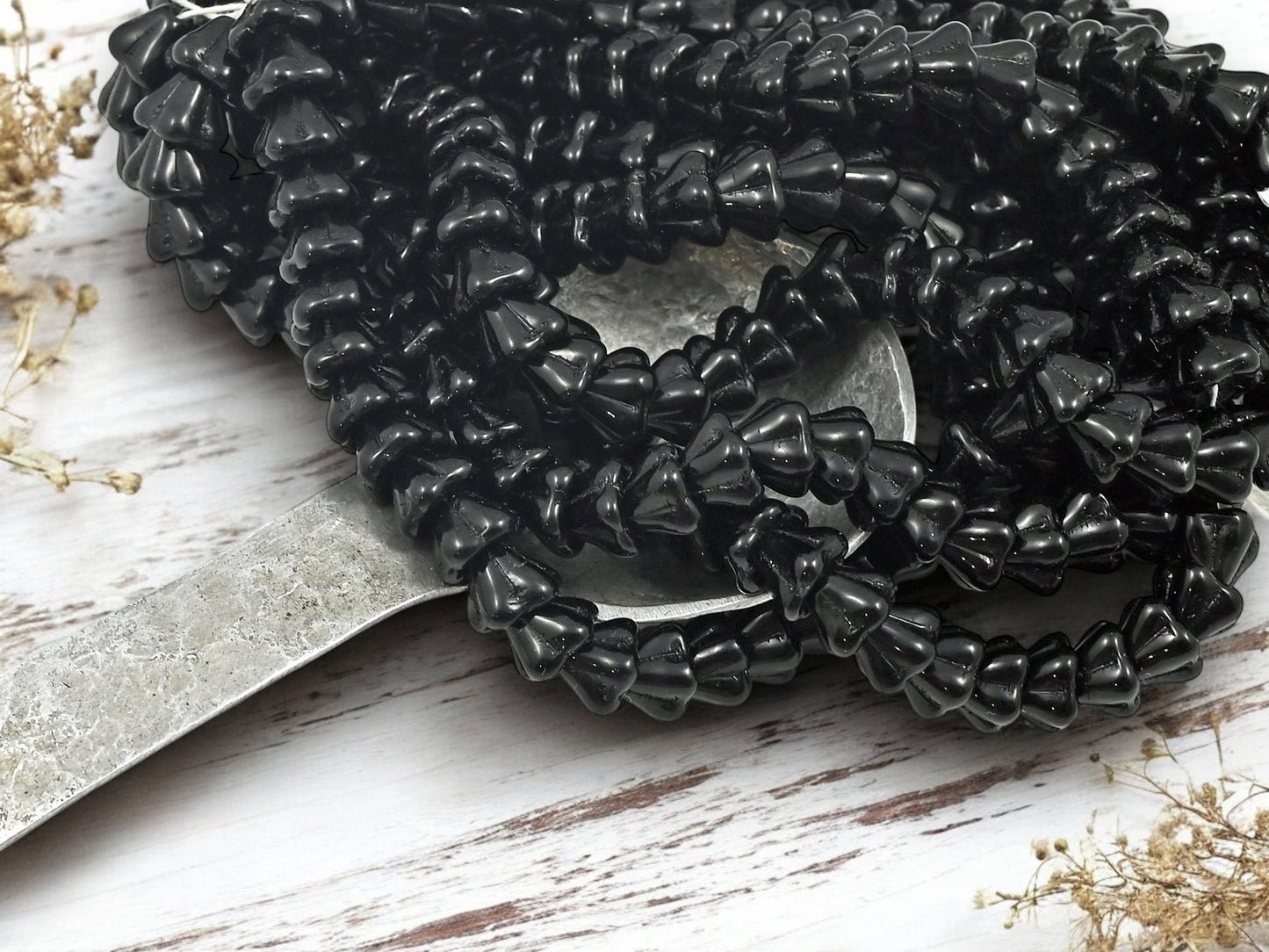 *25* 6x8mm Opaque Black Bell Flower Beads