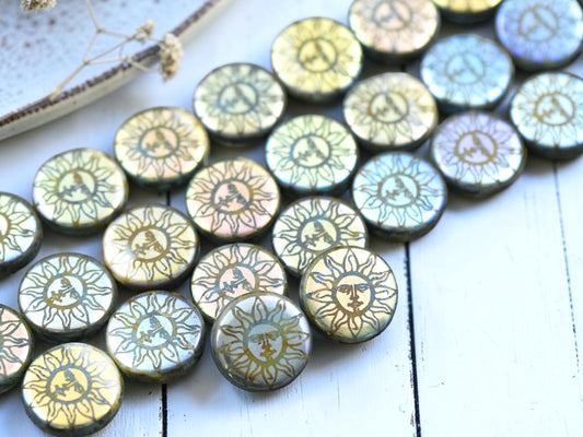 *4* 14mm Blue Turquoise Picasso AB Laser Tattoo Moon Face Beads
