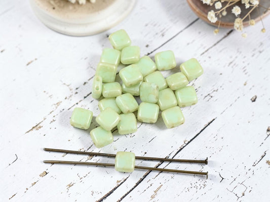 *50* 6mm Opaque Pale Turquoise Star Dust 2 Hole Tile Beads