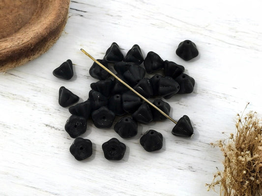 *50* 6x8mm Opaque Matte Black Bell Flower Beads