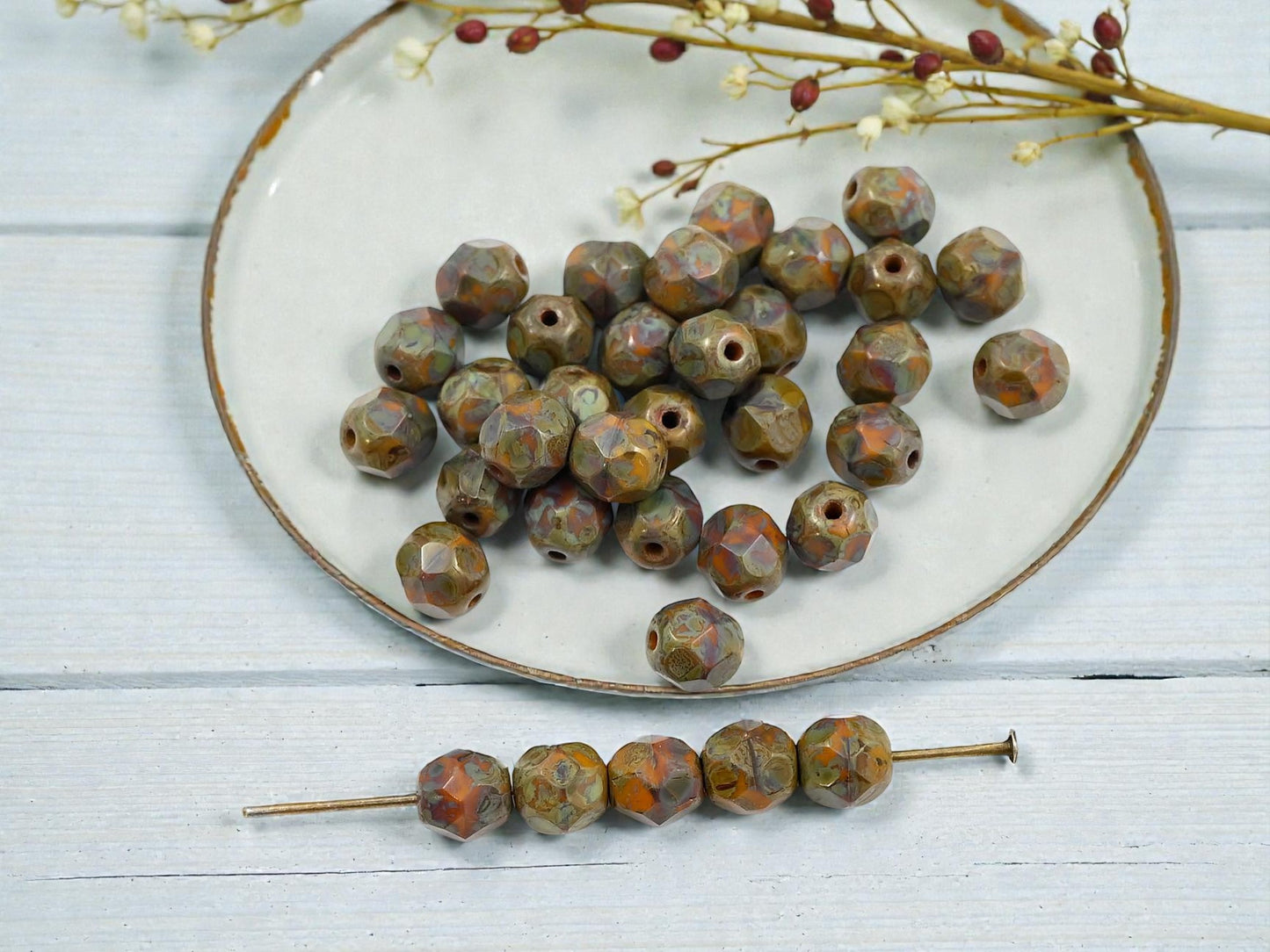 *25* 6mm Opaque Orange Goldenrod Picasso Fire Polished Round Beads