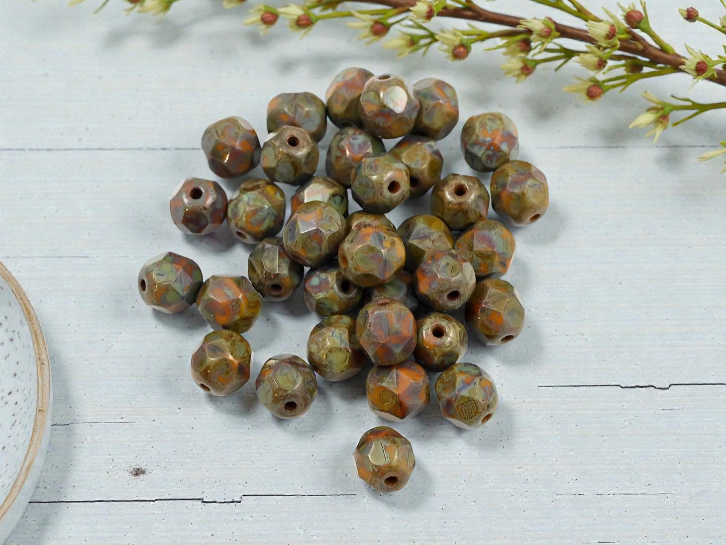 *25* 6mm Opaque Orange Goldenrod Picasso Fire Polished Round Beads