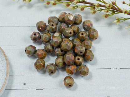 *25* 6mm Opaque Orange Goldenrod Picasso Fire Polished Round Beads
