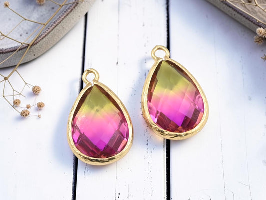 *2* 23x15mm Gold Plated Brass Faceted Teardrop Charms (2 Tone)