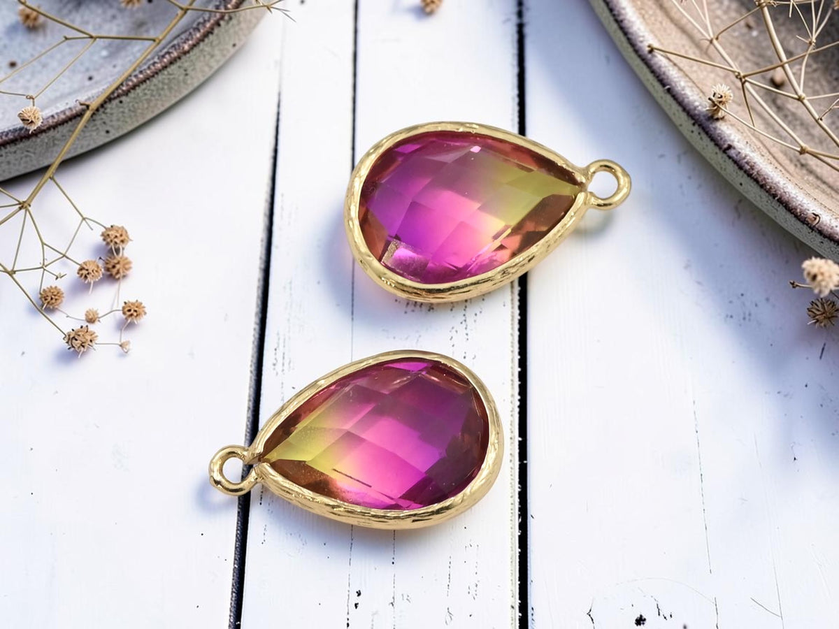 *2* 23x15mm Gold Plated Brass Faceted Teardrop Charms (2 Tone)