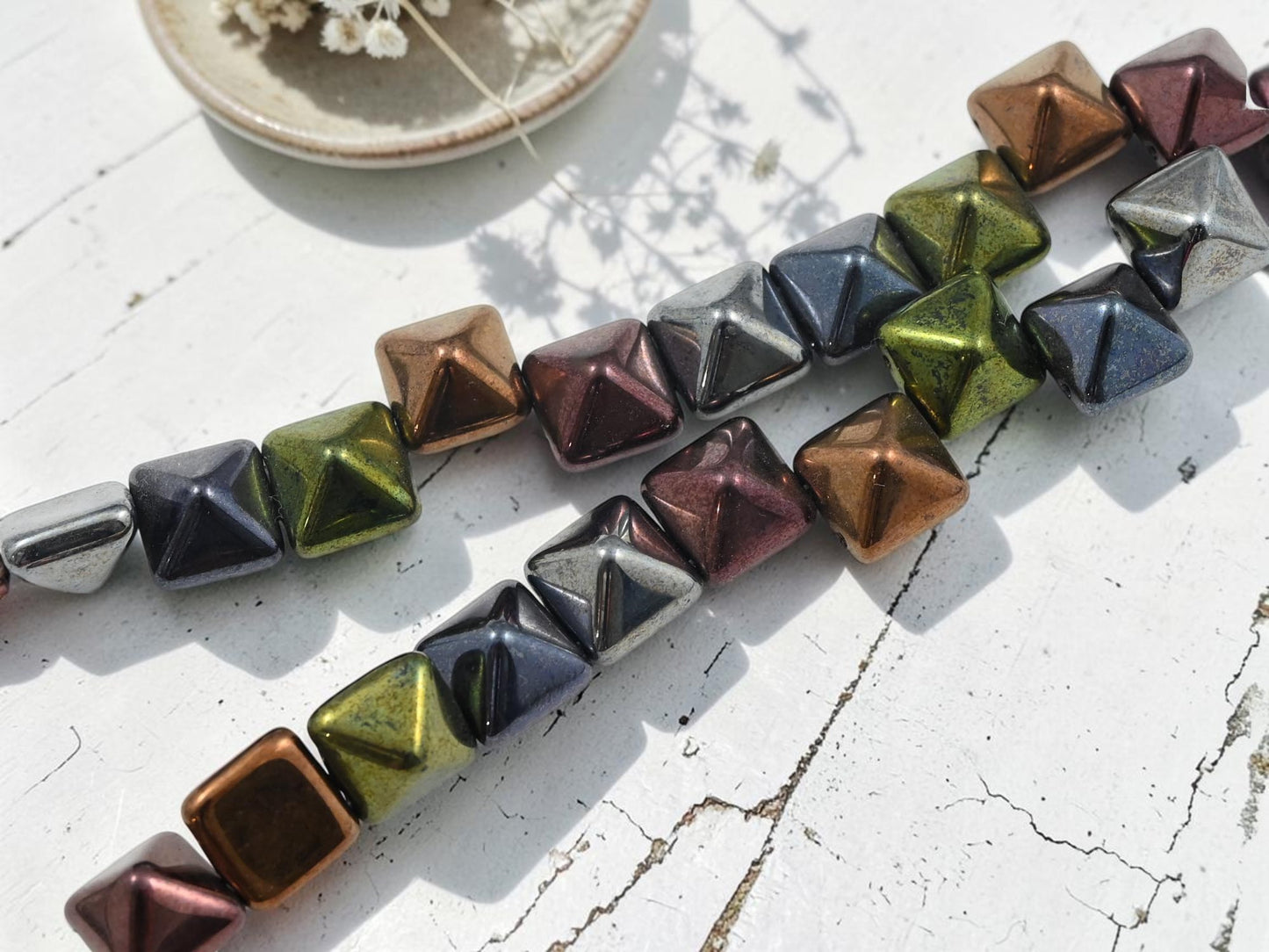 *10* 12mm Mixed Metallic 2 Hole Pyramid Stud Beads