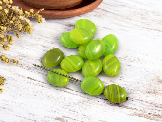*50* 12x9mm Lemon Lime Striped Flat Oval Beads