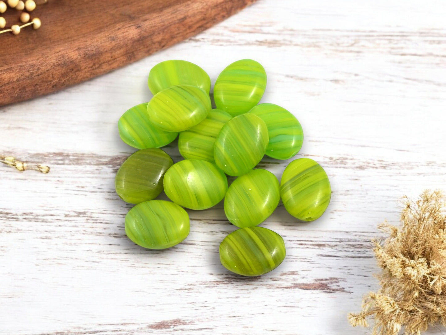 *50* 12x9mm Lemon Lime Striped Flat Oval Beads