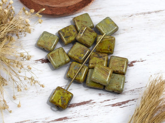 *15* 10mm Gaspeite Green Picasso Flat Square Beads