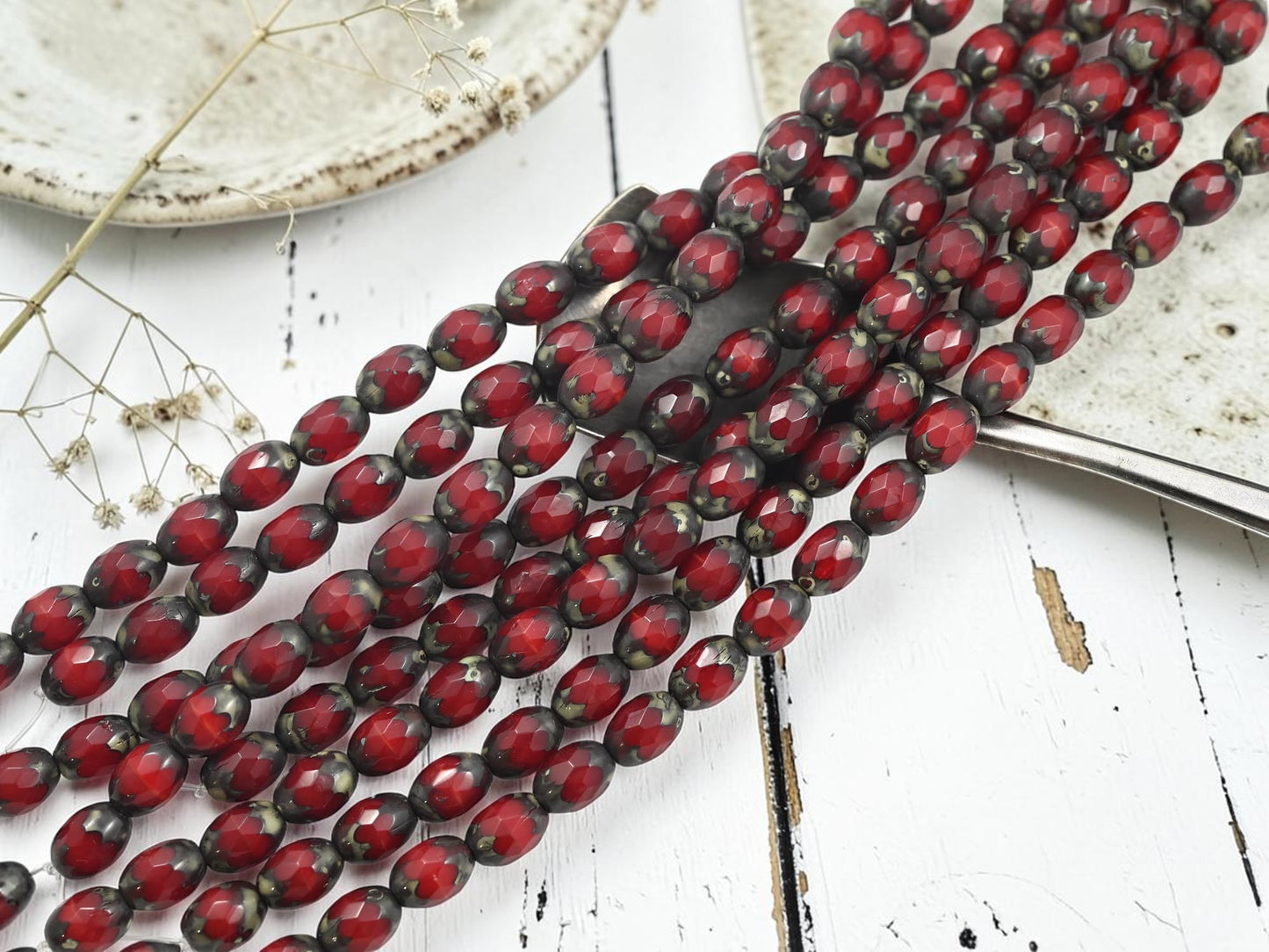 *18* 6x8mm Red Opaline Travertine Fire Polished Oval Beads