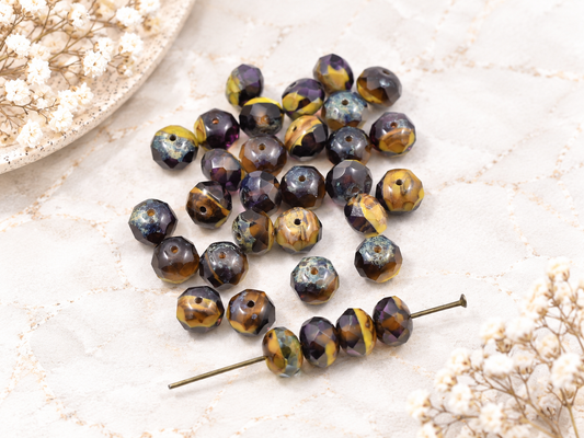 25* 6x8mm Blended Amethyst, Aqua + Yellow Fire Polished Rondelle Beads
