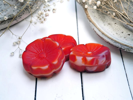 *2* 22mm Matte Red & White Hawaiian Flower Beads