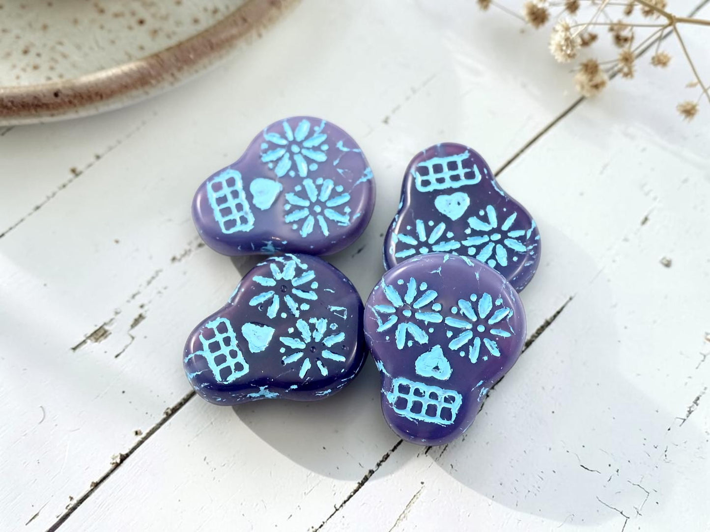 *4* 20x17mm Turquoise Washed Purple Opaline Sugar Skull Beads