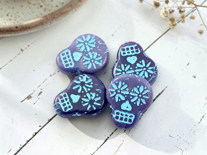 *4* 20x17mm Turquoise Washed Purple Opaline Sugar Skull Beads