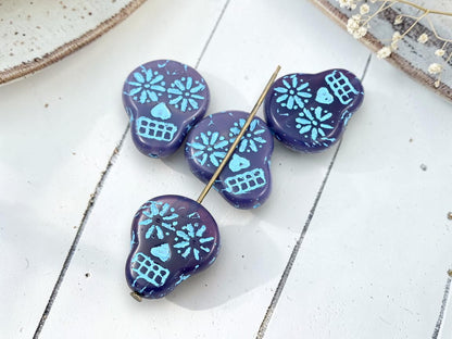 *4* 20x17mm Turquoise Washed Purple Opaline Sugar Skull Beads