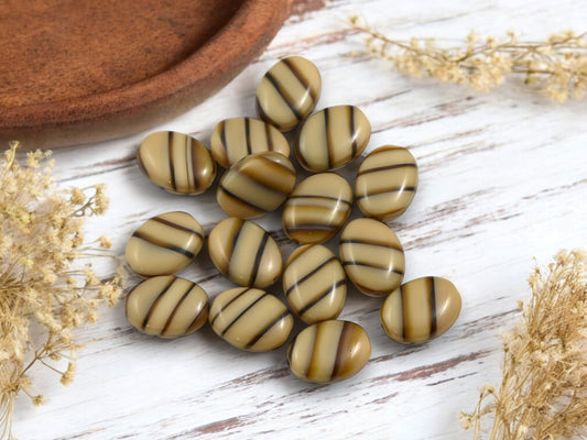 *50* 12x9mm Striped Coffee Beige Flat Oval Beads