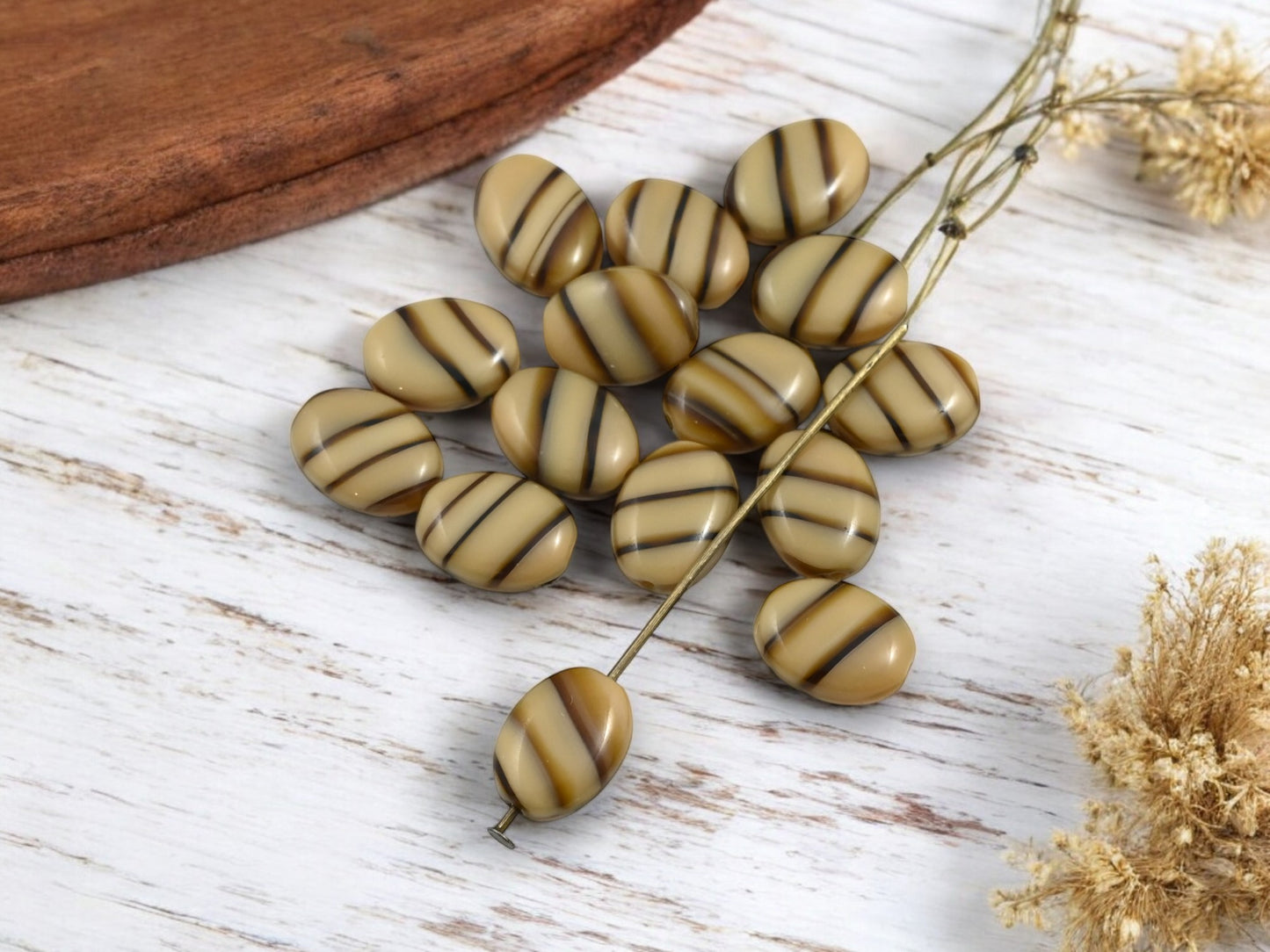 *50* 12x9mm Striped Coffee Beige Flat Oval Beads