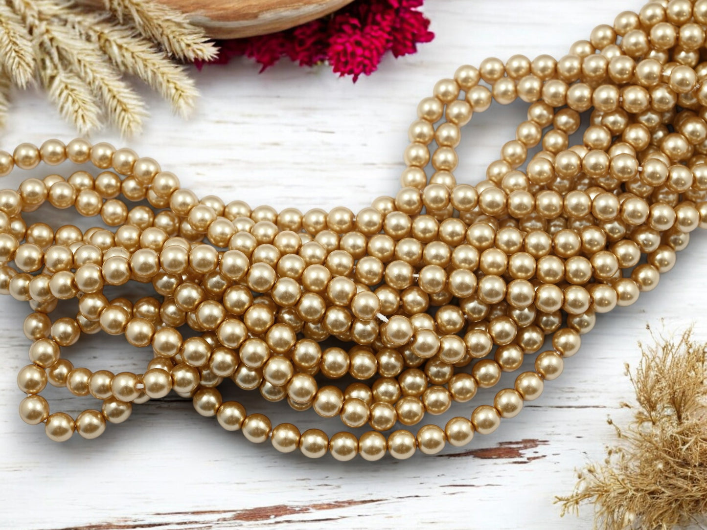 *100* 6mm Gold Pearl Round Druk Beads