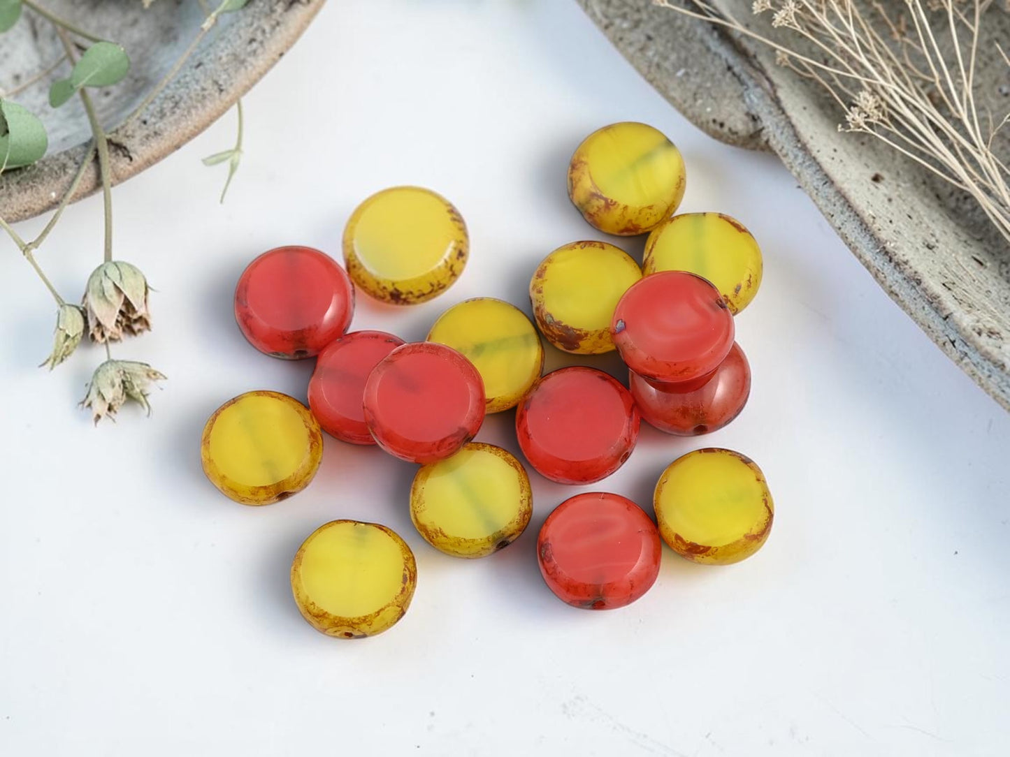 *15* 10mm Mixed Red + Yellow Picasso Table Cut Coin Beads