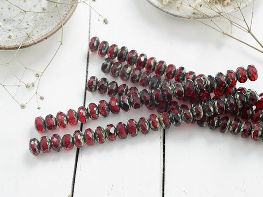 *21* 4x7mm Ruby Picasso Fire Polished Rondelle Beads