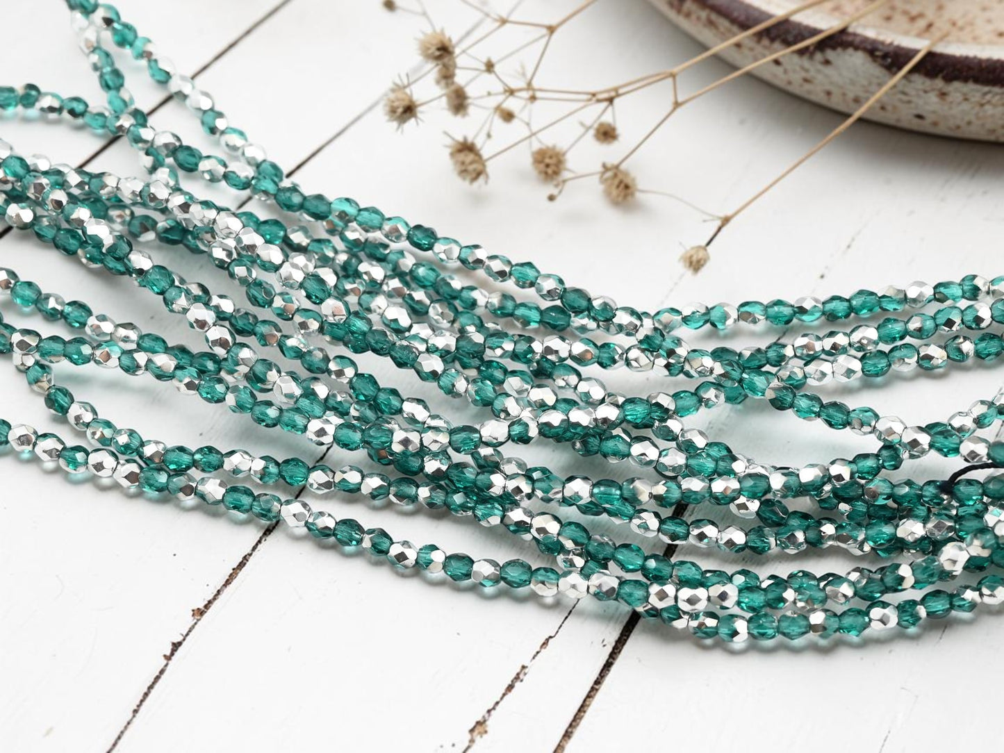 50* 3mm Silver Washed Teal Fire Polished Round Beads