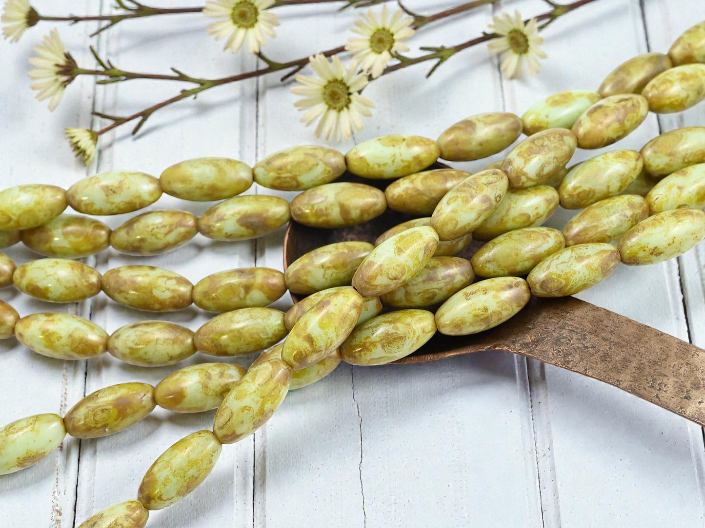 *12* 17x8mm Pale Green Travertine Oval Rice Beads