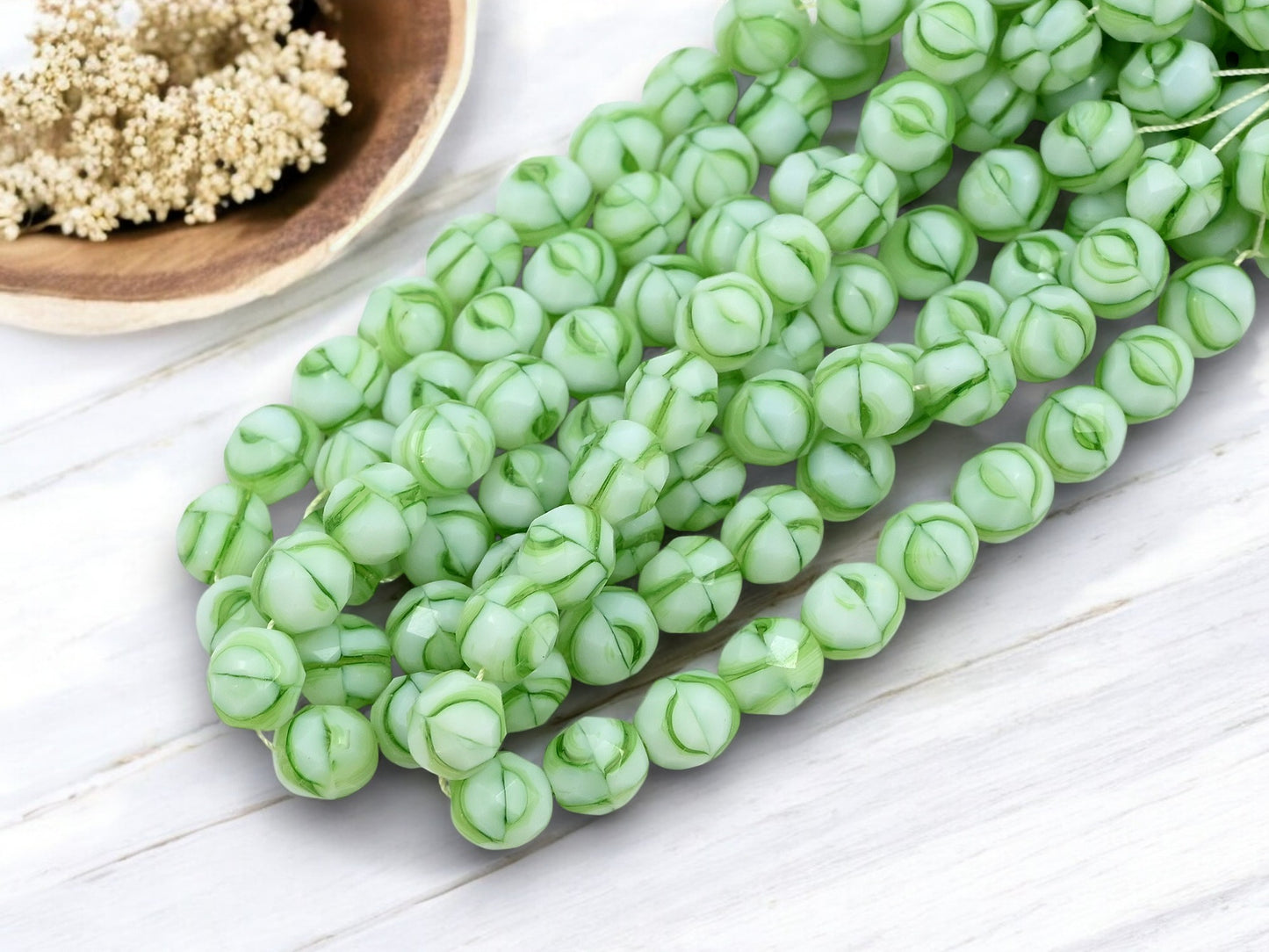 *25* 8mm Lime Green Striped Milky White Fire Polished Round Beads
