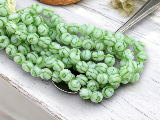 *25* 8mm Lime Green Striped Milky White Fire Polished Round Beads