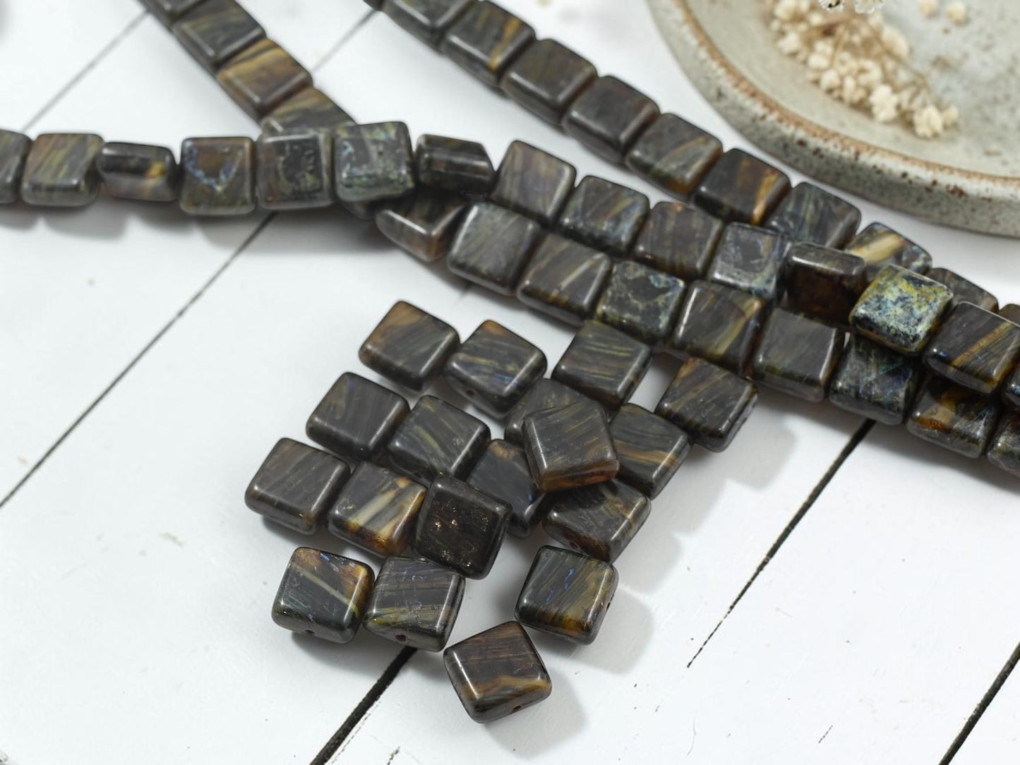 10mm Hidden Root Beer Travertine Flat Square Beads - 7.5" Strand