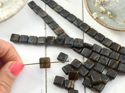 10mm Hidden Root Beer Travertine Flat Square Beads - 7.5" Strand