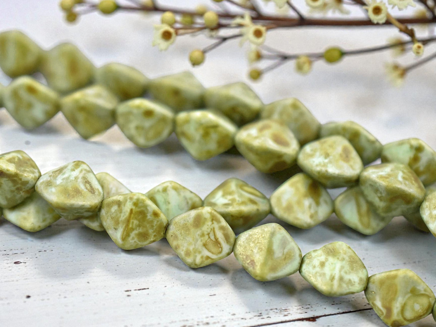 *13* 11mm Bronzed Moss Green Picasso Large Pinch Beads