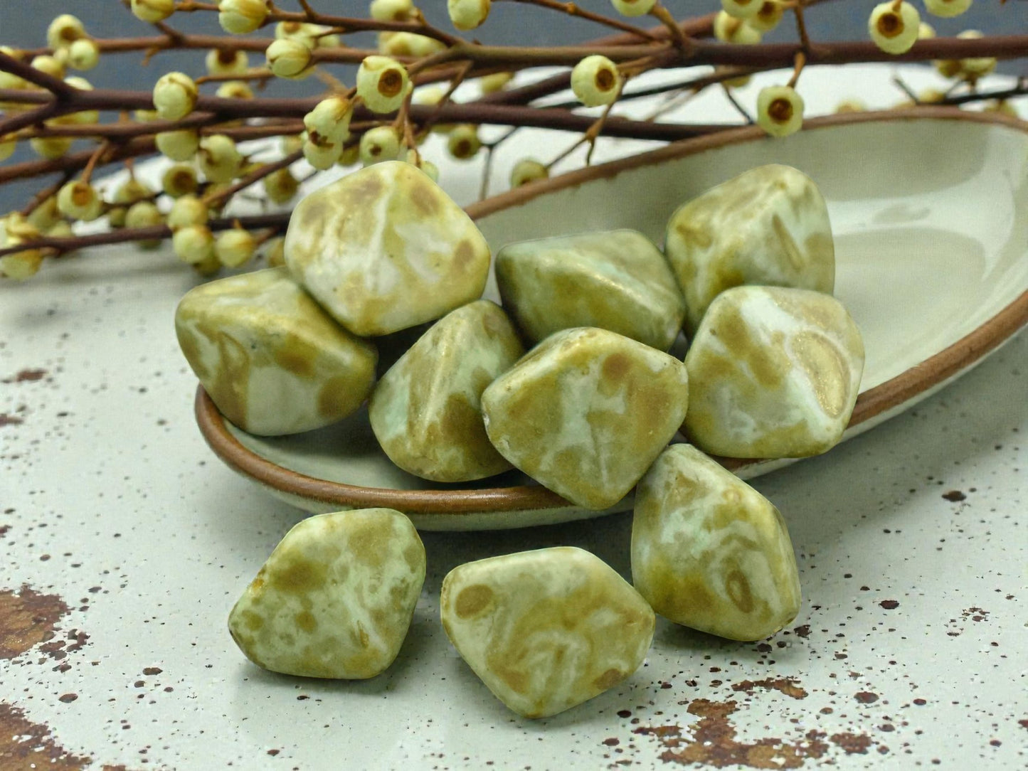 *13* 11mm Bronzed Moss Green Picasso Large Pinch Beads