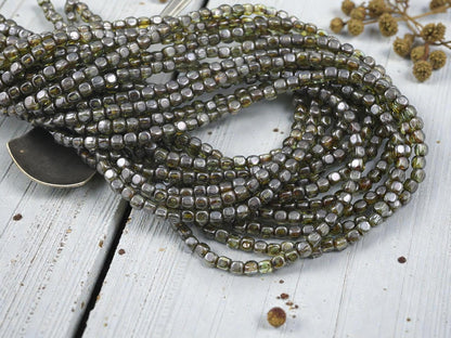 *100* 4mm Transparent Green Luster Picasso Cube Beads