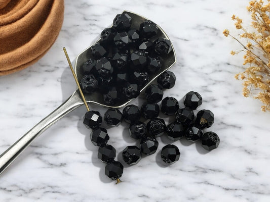 *50* 6mm Jet Black Fire Polished Round Rosebud Beads