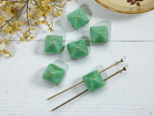 *6* 12mm Turquoise Picasso 2 Hole Pyramid Stud Beads