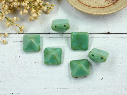 *6* 12mm Turquoise Picasso 2 Hole Pyramid Stud Beads
