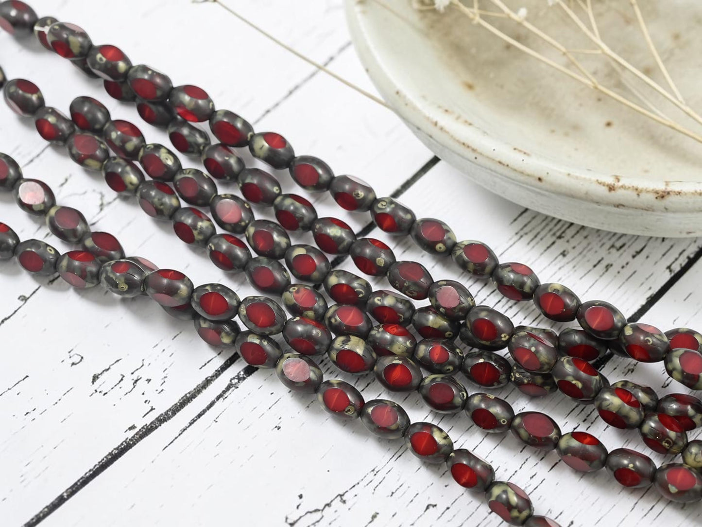 *18* 6x8mm Red Opaline Travertine 3 Sided Oval Beads