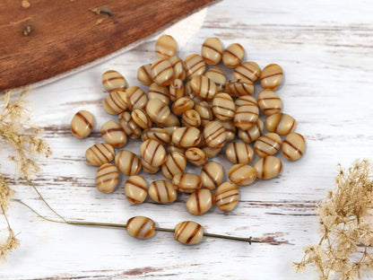 *50* 8x6mm Striped Coffee Beige Flat Oval Beads