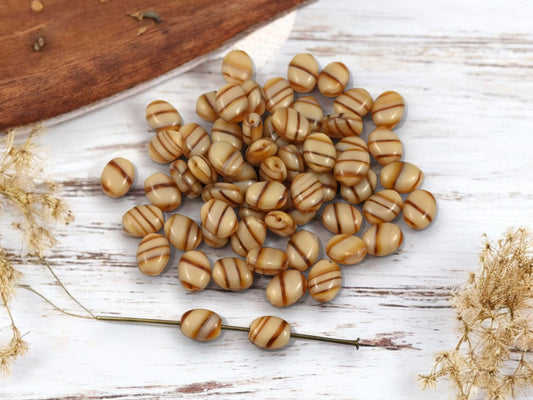 *50* 8x6mm Striped Coffee Beige Flat Oval Beads
